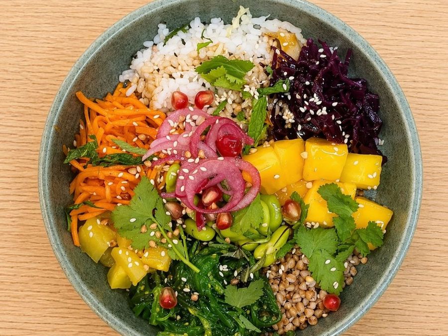 Breizh bowl : légumes de saison bretons, riz vinaigré, sauce asiatique