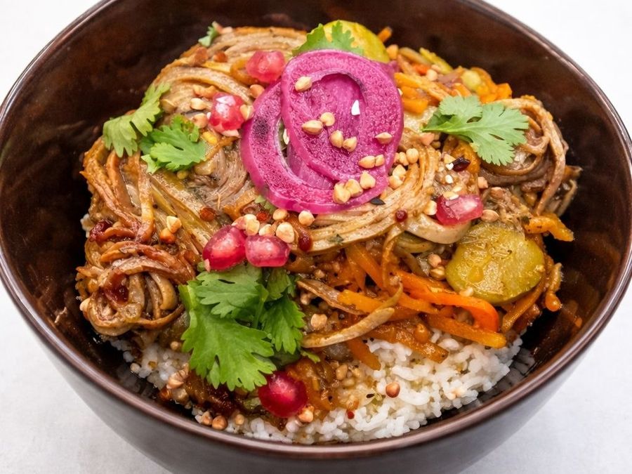 Wok d'andouille de Guémené : andouille spiralée, légumes croquants, épices indiennes, coriandre et grenade